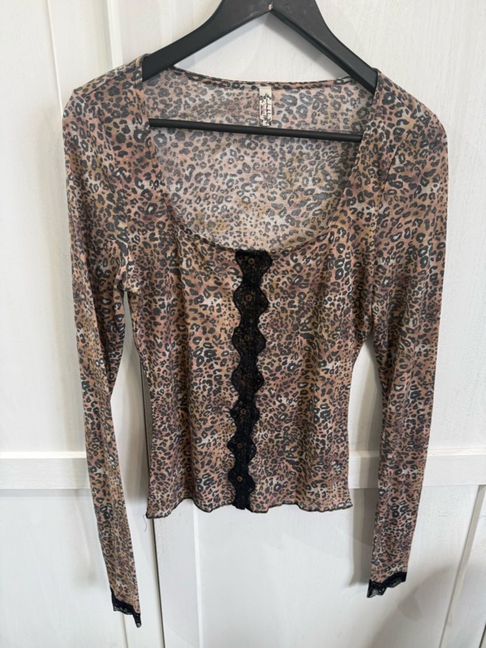 Free People Brown Leopard Long-Sleeve Scoop Neck Top with Black Lace